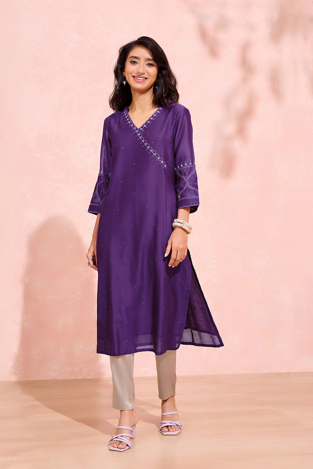 Purple Pure Silk Cotton Chikankari Kurta image number null