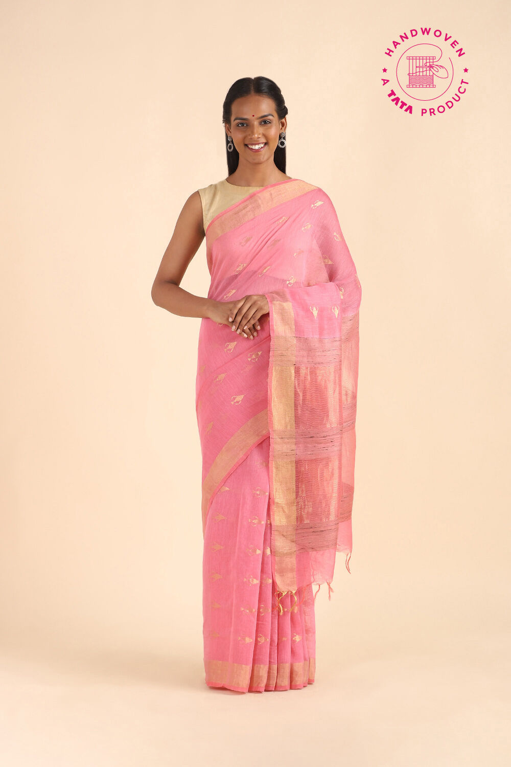Pink Pure Silk Linen Bengal Saree image number null