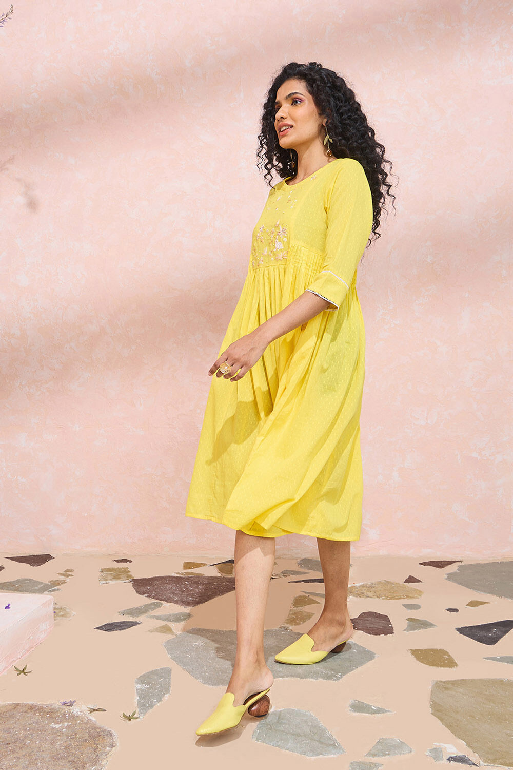 Yellow Cotton Viscose Embroidered Dress image number null