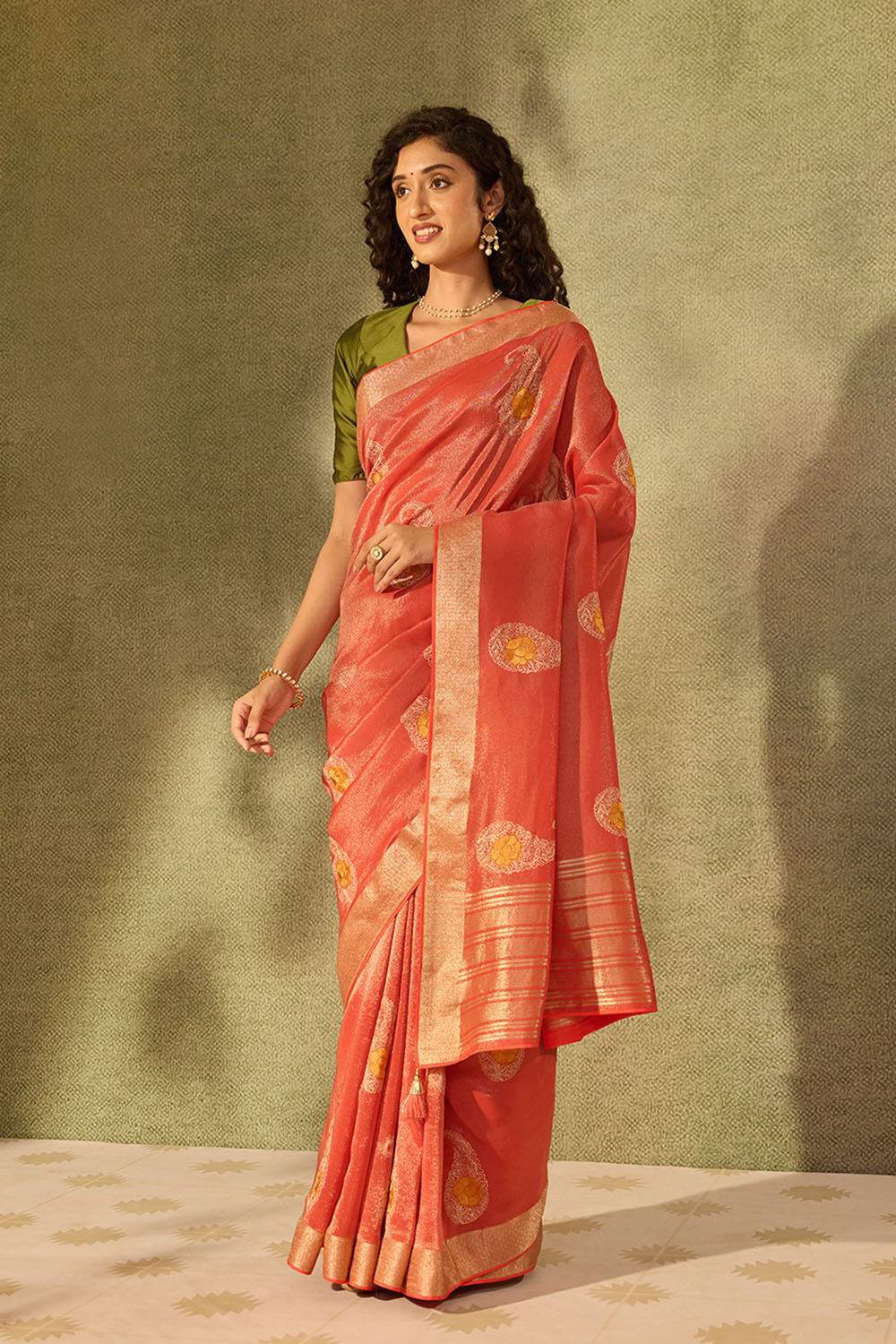 Red Viscose Tissue Embroidered Saree image number null