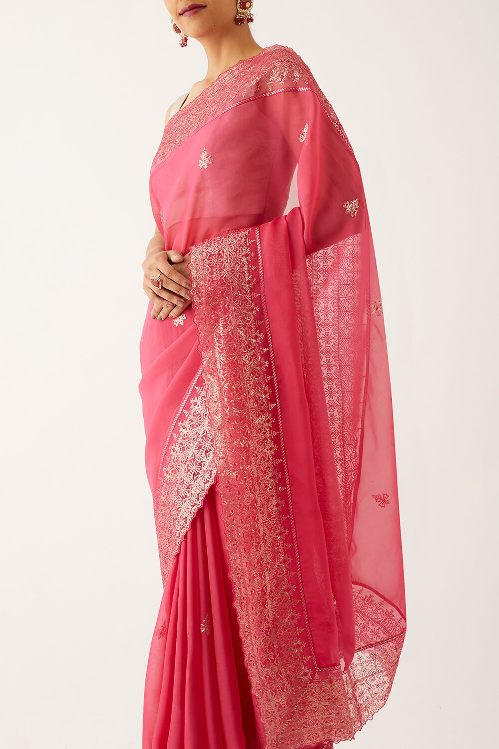 Dark Pink Viscose Organza Embroidered Saree image number null