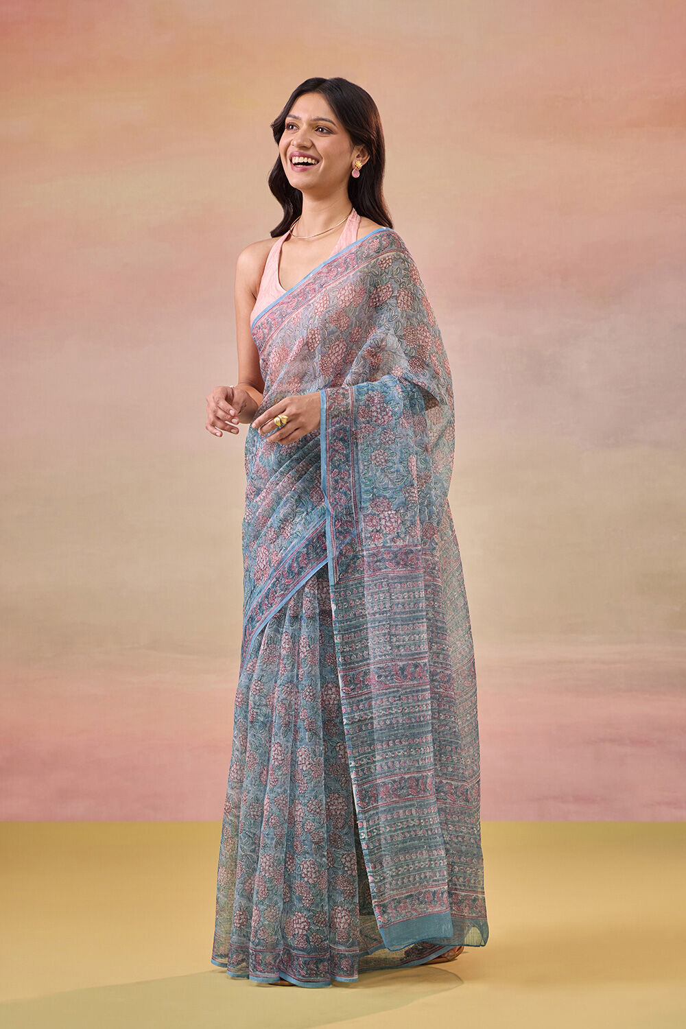 Light Blue Bagru Pure Cotton Kota Block Printed Saree image number null