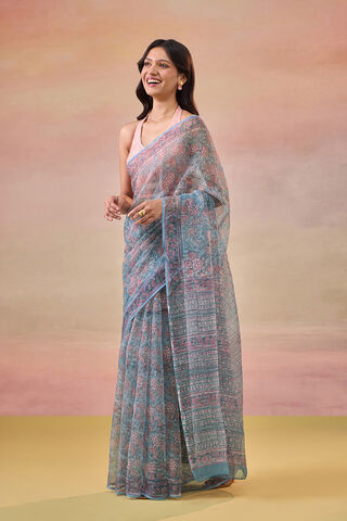 Light Blue Bagru Pure Cotton Kota Block Printed Saree thumbnail image number null