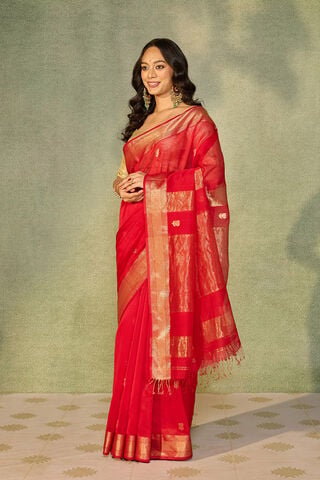 Red Woven Pure Silk Cotton Maheshwari Saree thumbnail image number null