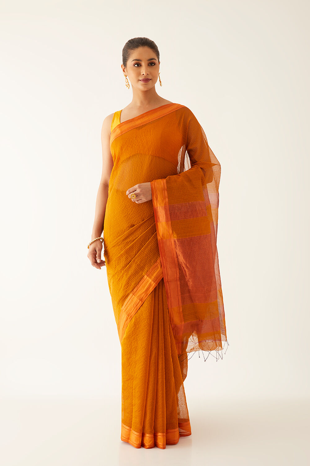 Dark Yellow Pure Silk Cotton Maheshwari Saree image number null