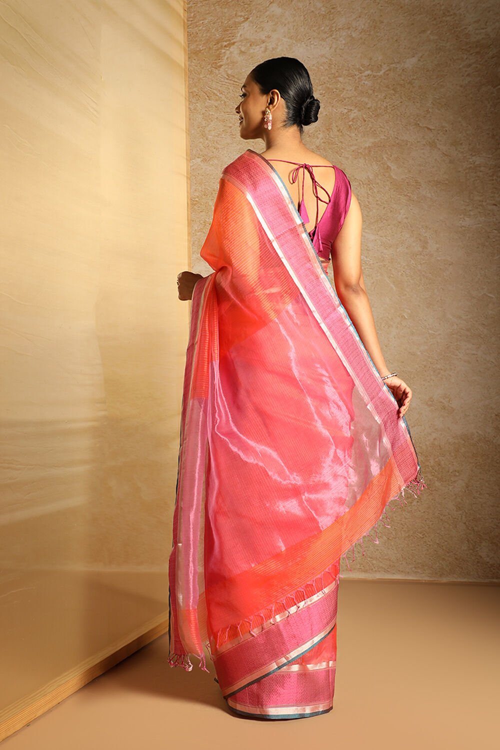 Orange Pure Silk Organza Woven Maheshwari Saree image number null