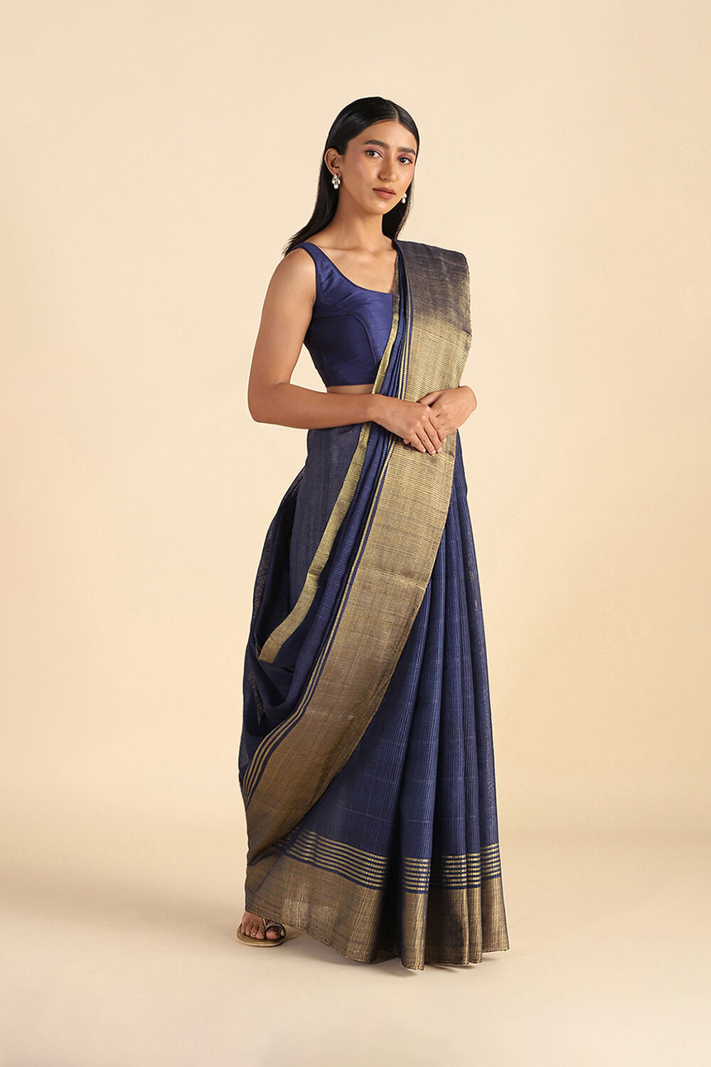 Dark Blue Handwoven Woven Silk Tussar Saree image number null