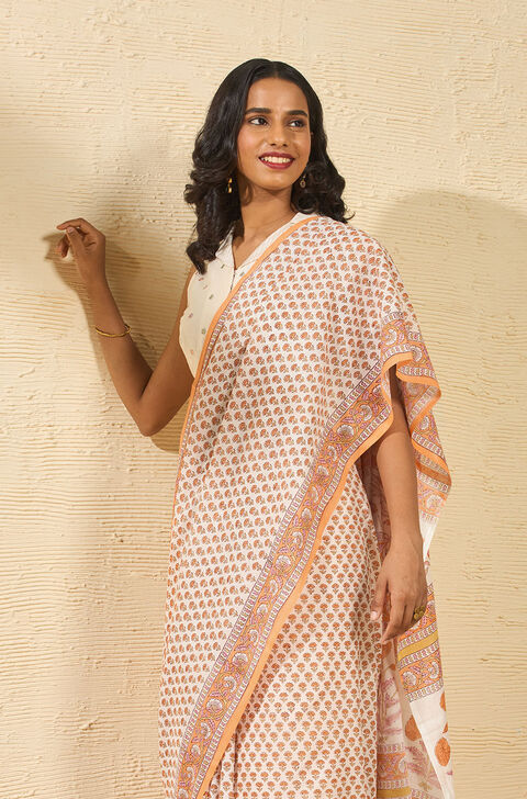 Light Orange Rajasthan Pure Cotton Printed Sanganeri Saree