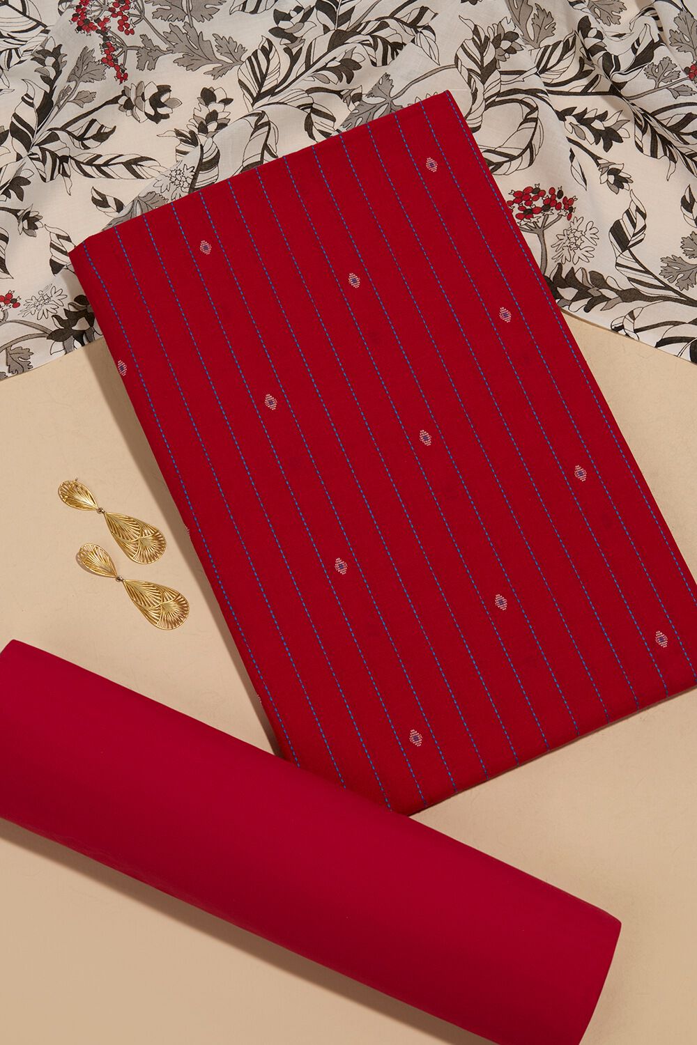 Red Woven Pure Cotton Unstitched Suit Set image number null