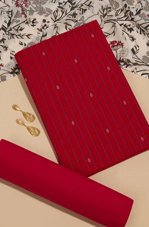Red Woven Pure Cotton Unstitched Suit Set