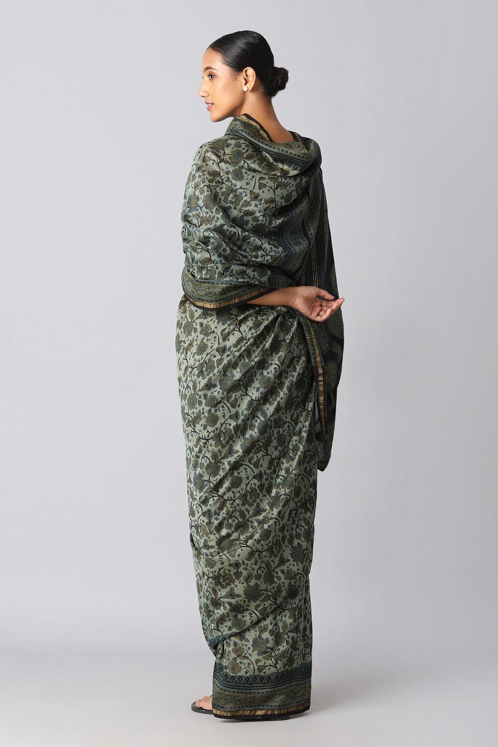 Dark Green Pure Silk Cotton Bagru Printed Saree image number null