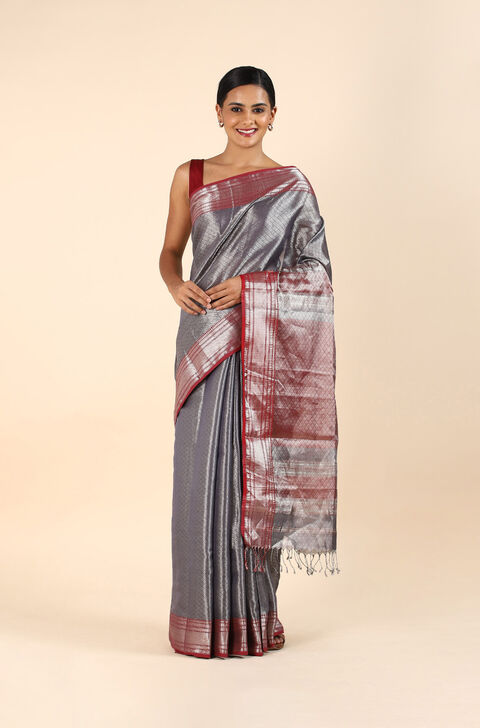 Grey Pure Silk Cotton Maheswari Brocade Saree