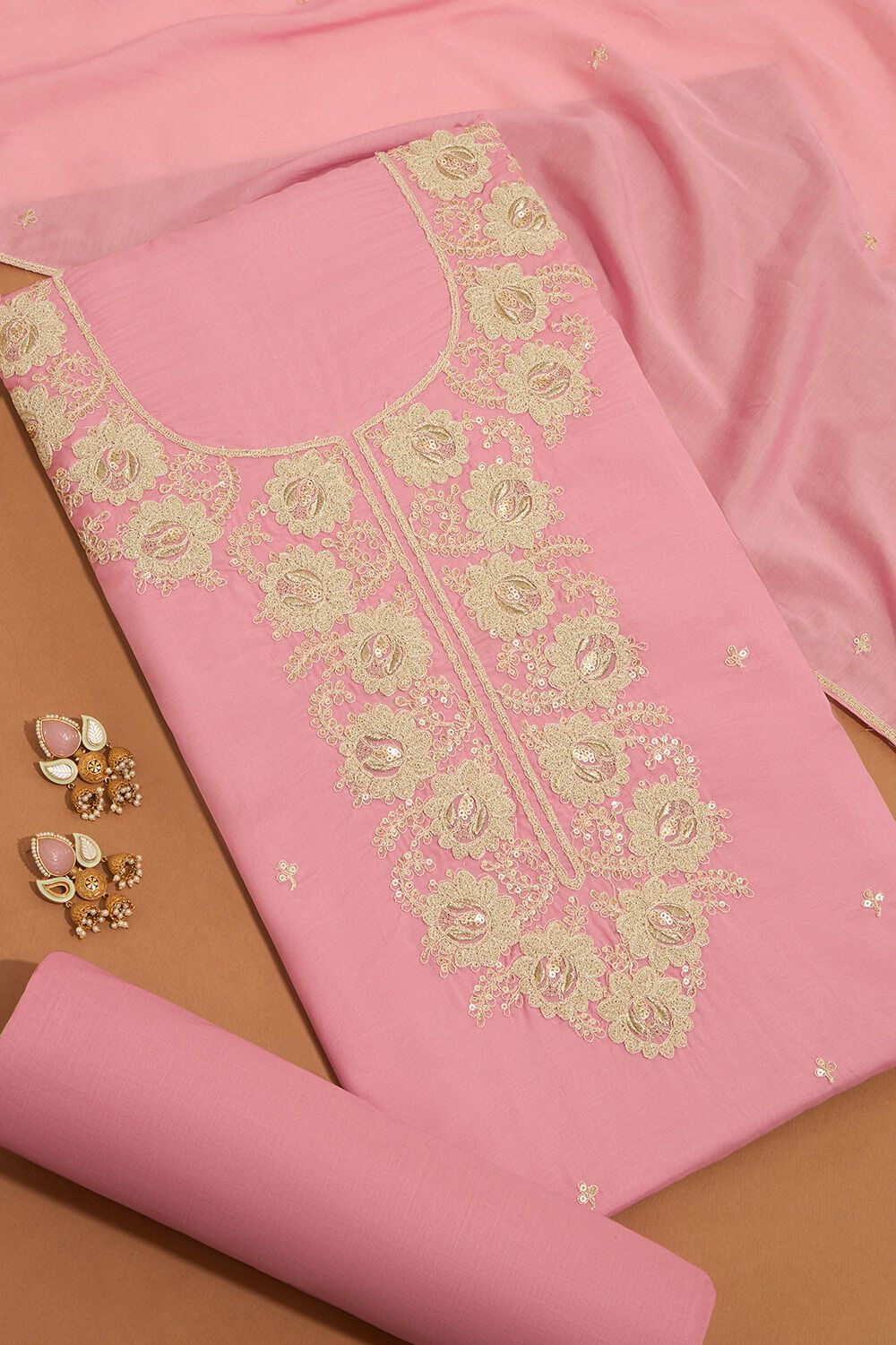 Pink Viscose Embroidered Unstitched Suit Set image number null