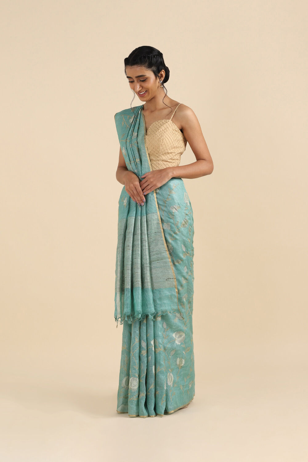 Green Pure Tussar Embroidered Saree image number null