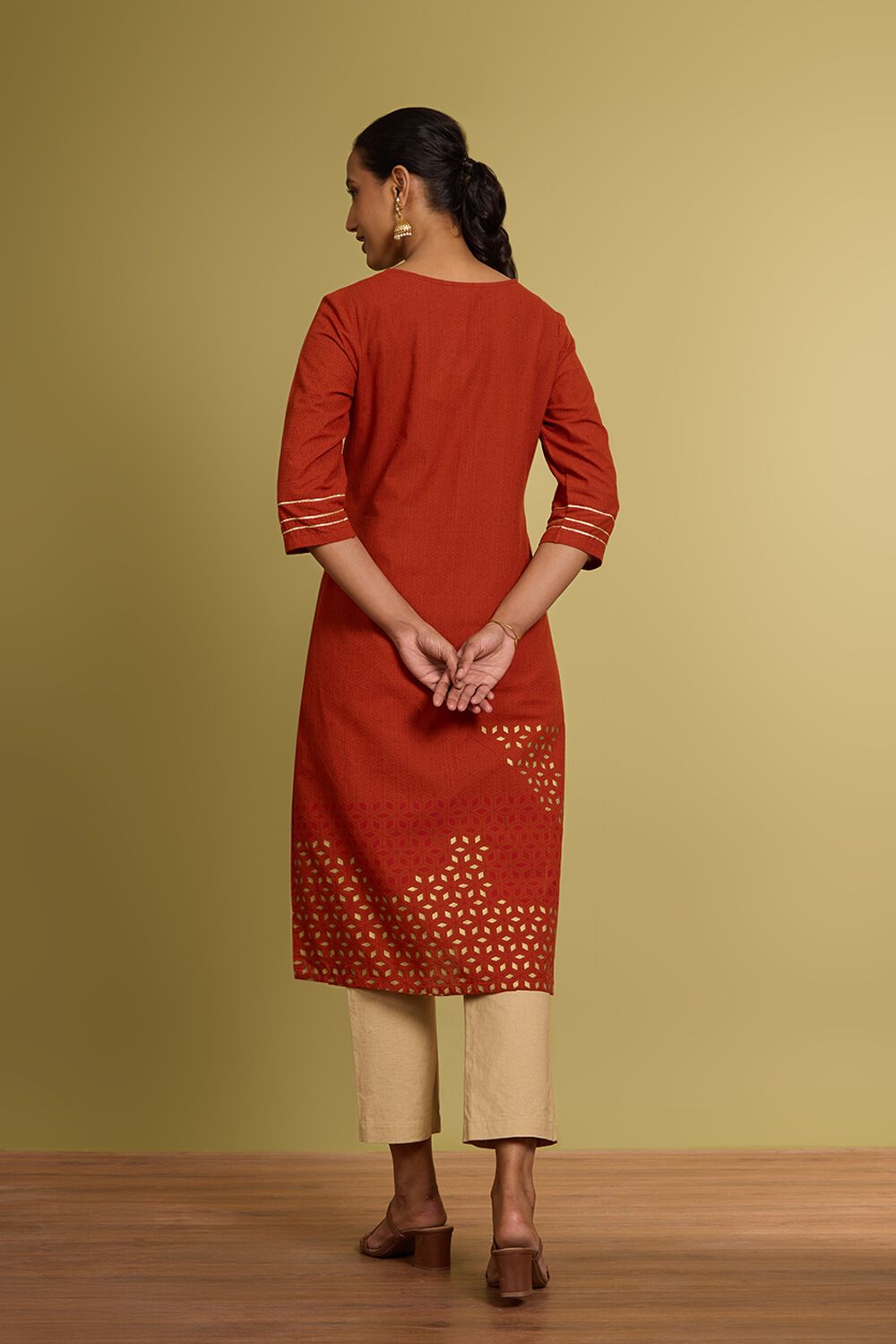 Orange Block Printed Pure Cotton Kurta image number null