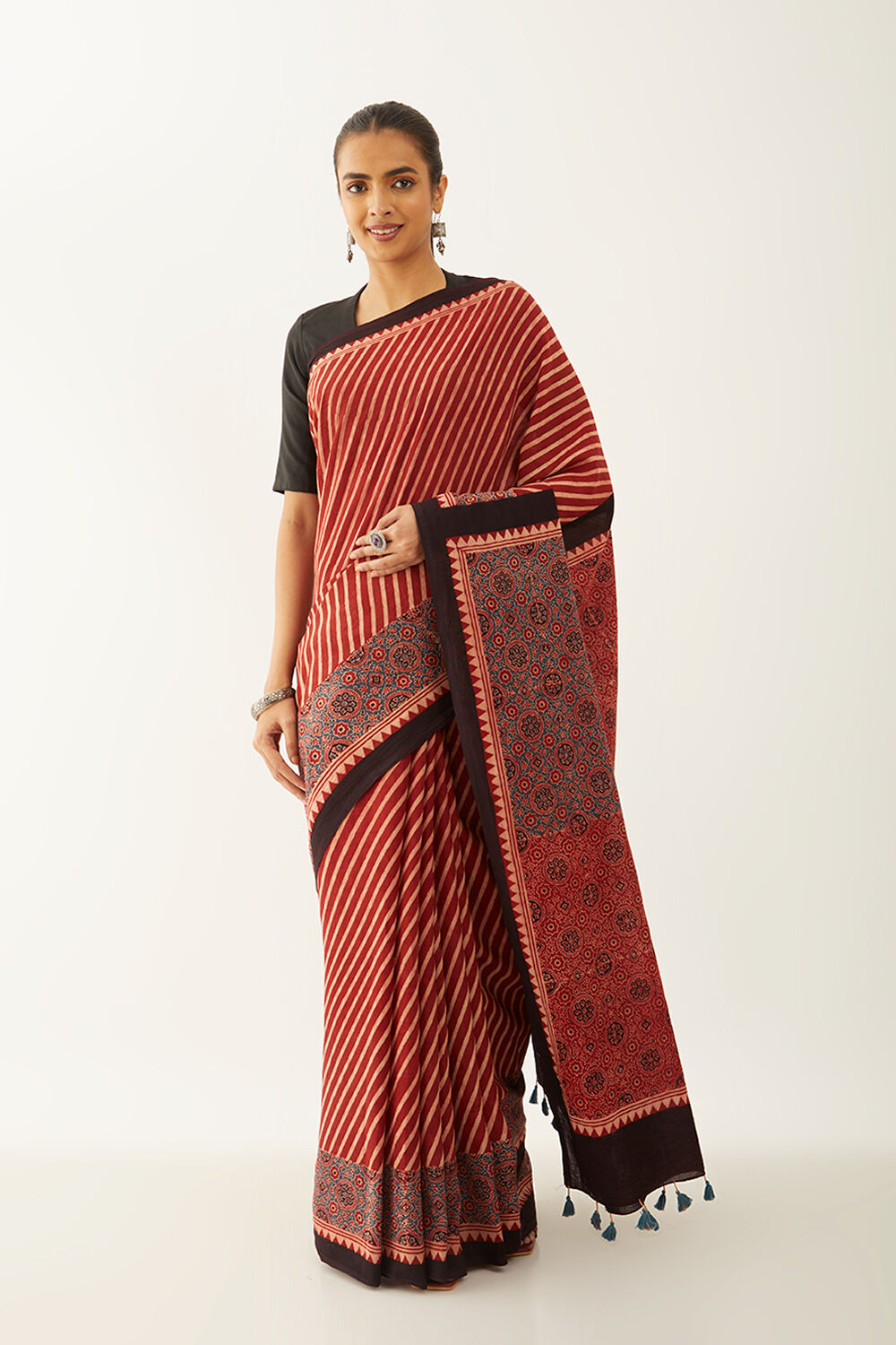 Red Pure Cotton Ajrakh Block Print Saree image number null