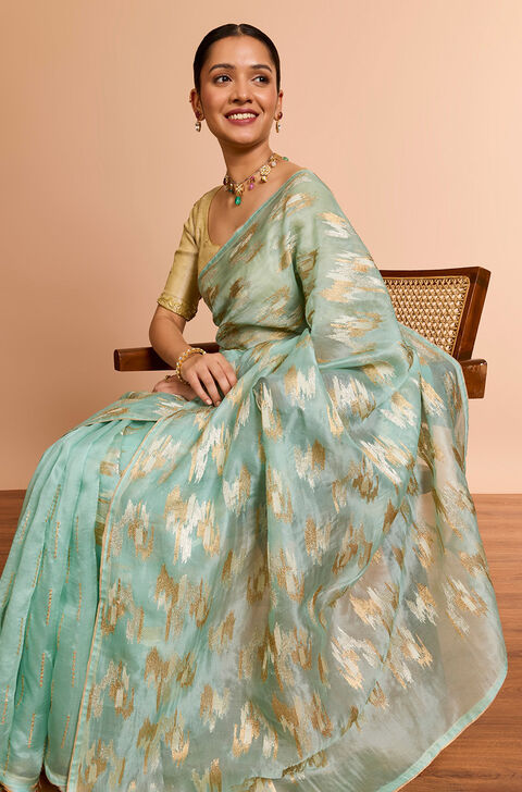 Light Blue Pure Silk Organza Embroidered Saree