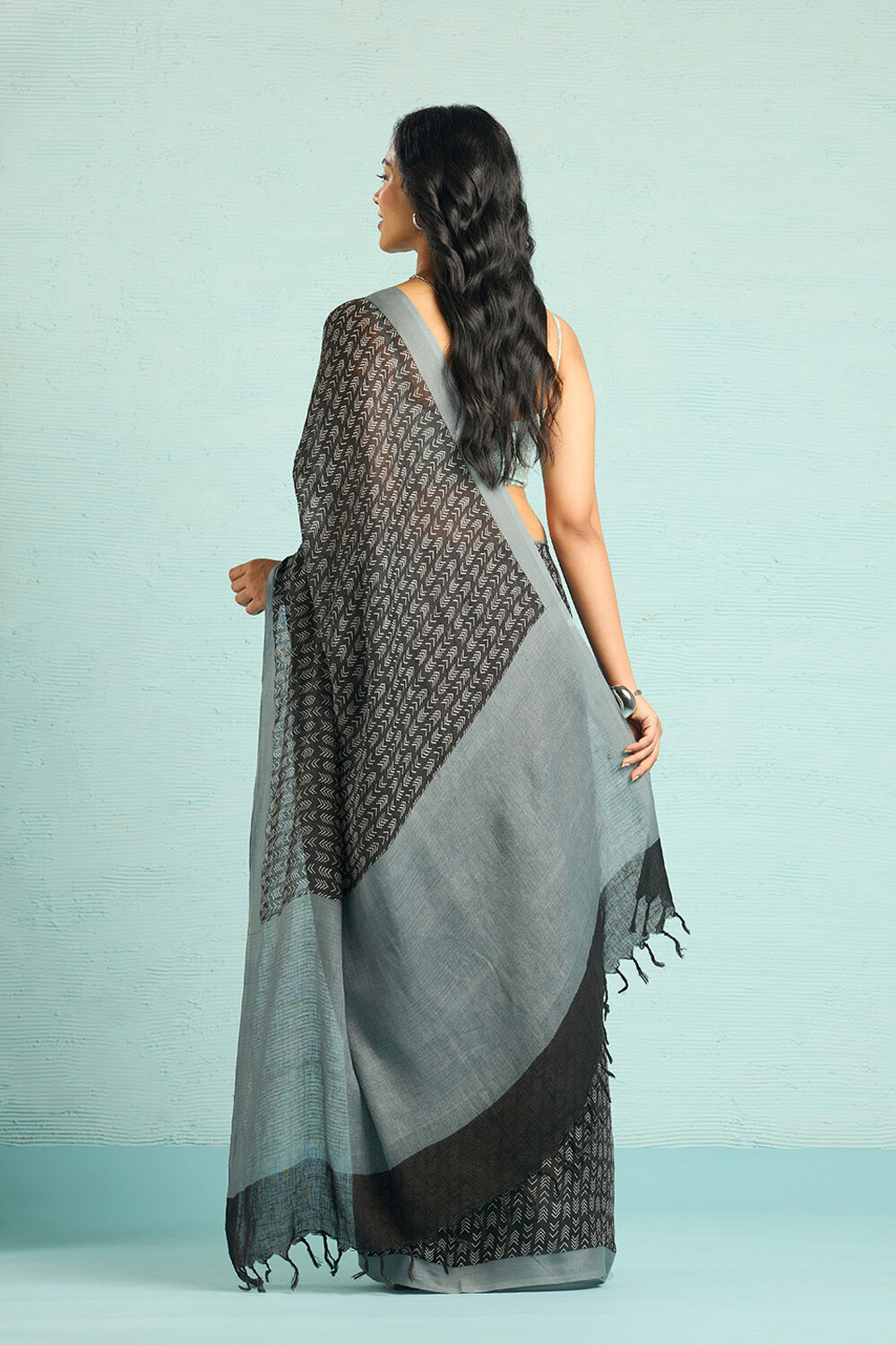 Black Screen Printed Pure Linen Saree image number null