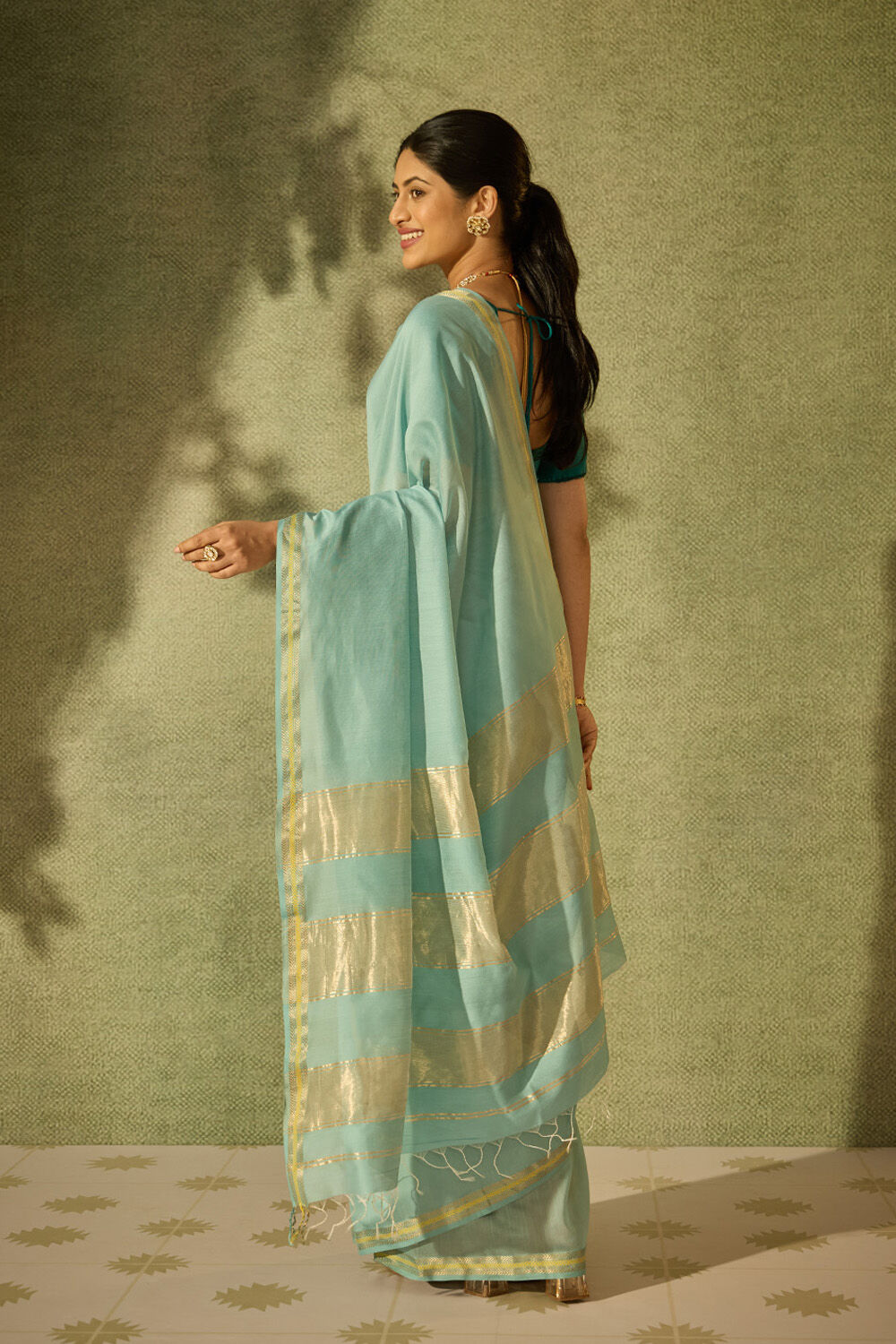 Light Blue Woven Pure Silk Cotton Maheshwar Saree image number null