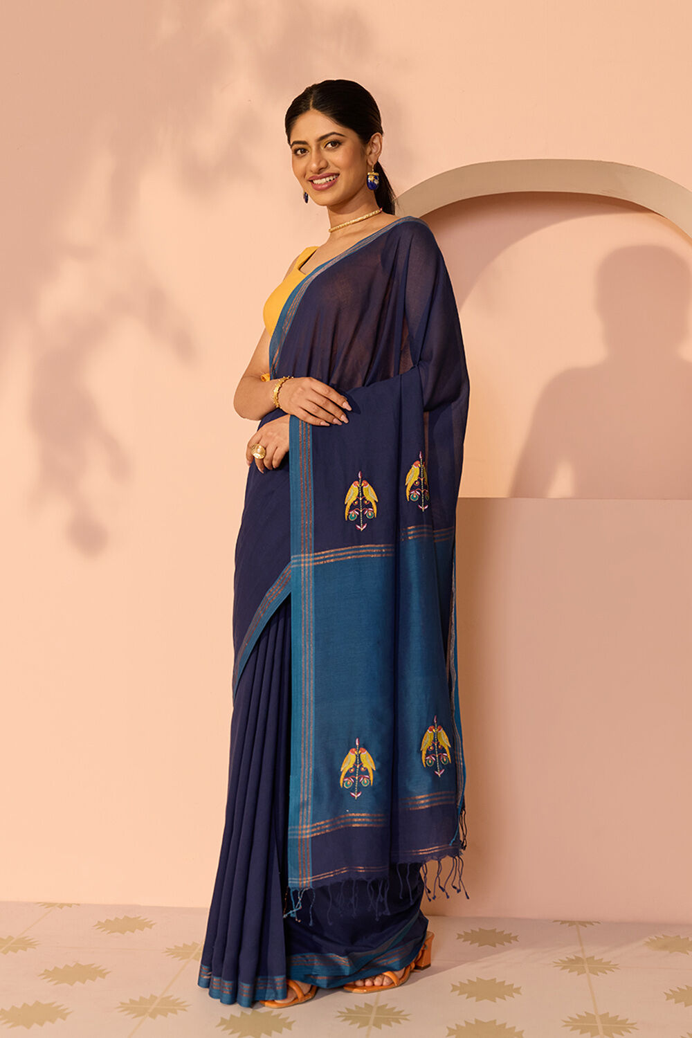Dark Blue Bengal Pure Cotton Embroidery Saree image number null