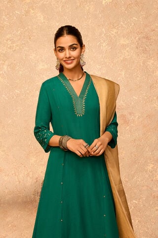 Dark Green Embroidered Viscose Cotton Kurta image number