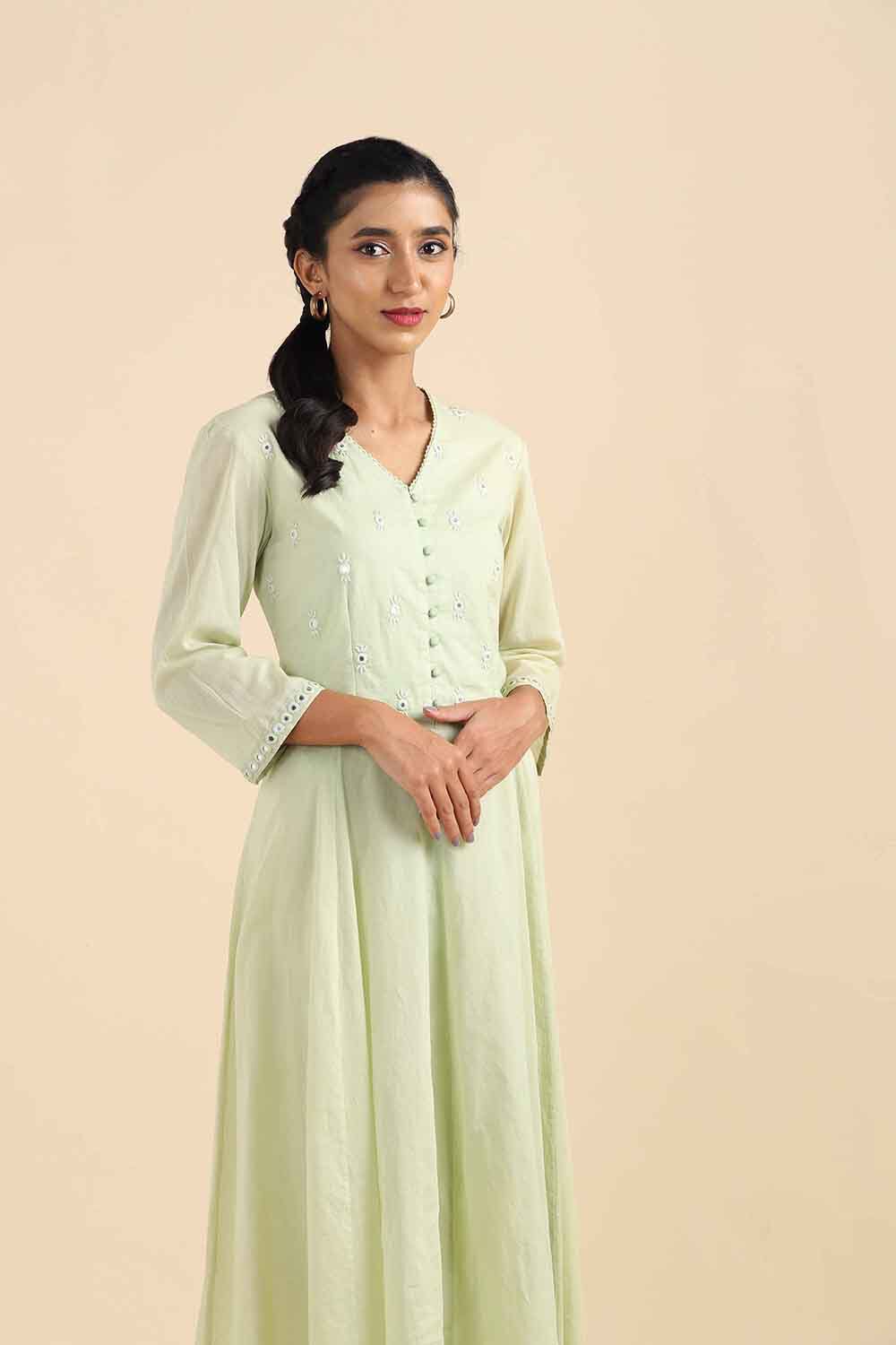 Light Green Mirror Embroidered Kurta Set image number null