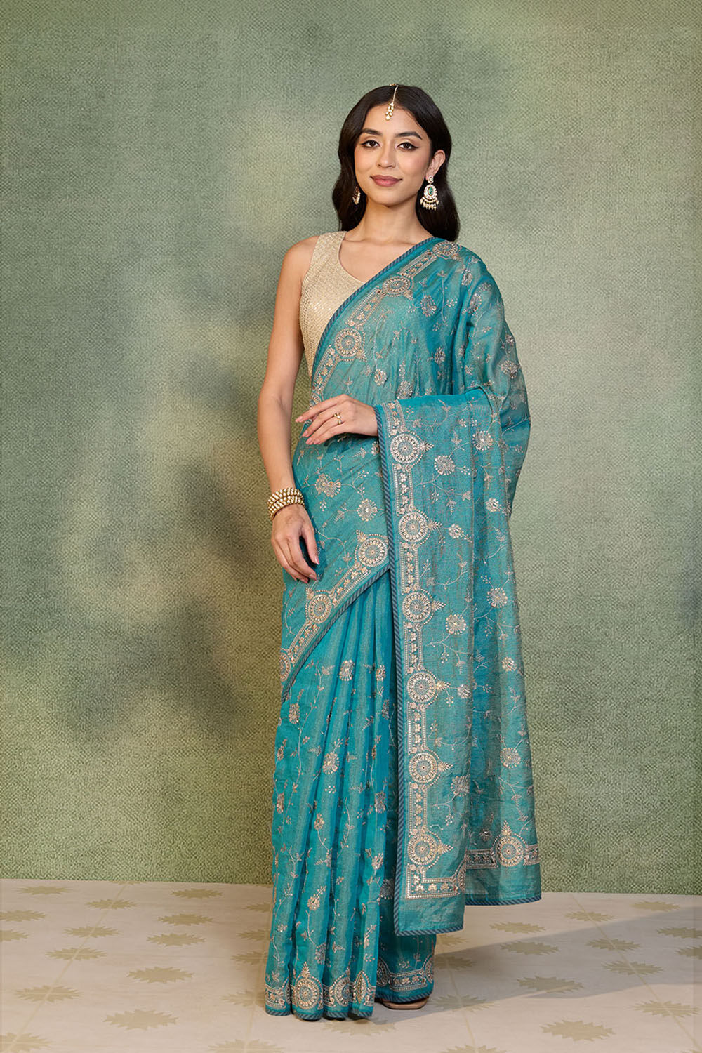 Blue Tissue Lyocell Linen Embroidered Saree image number null