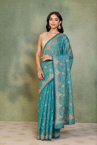 Blue Tissue Lyocell Linen Embroidered Saree thumbnail image number null