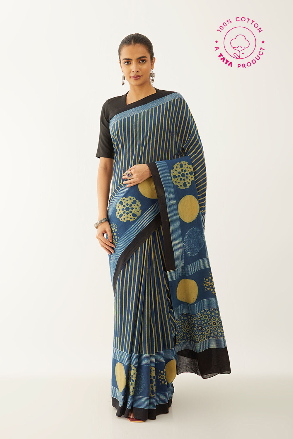 Blue Pure Cotton Ajrakh Block Print Saree image number null