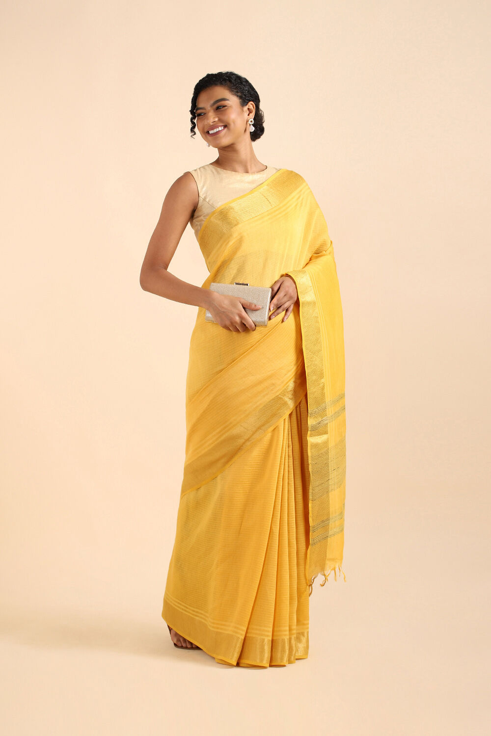 Yellow Pure Silk Linen Bhagalpuri Saree image number null