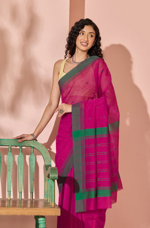 Dark Pink Woven Pure Silk Cotton Chanderi Saree
