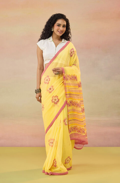 Light Yellow Bengal Block Printed Pure Cotton Kota Saree