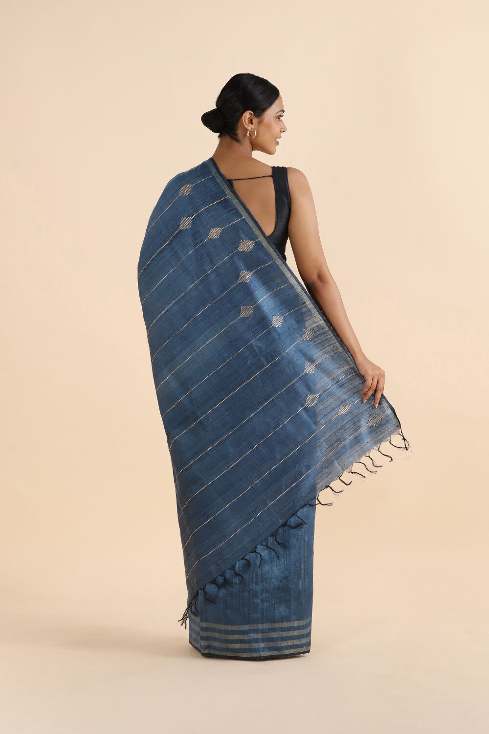 Dark Blue Pure Tussar Silk Bhagalpuri Saree image number null