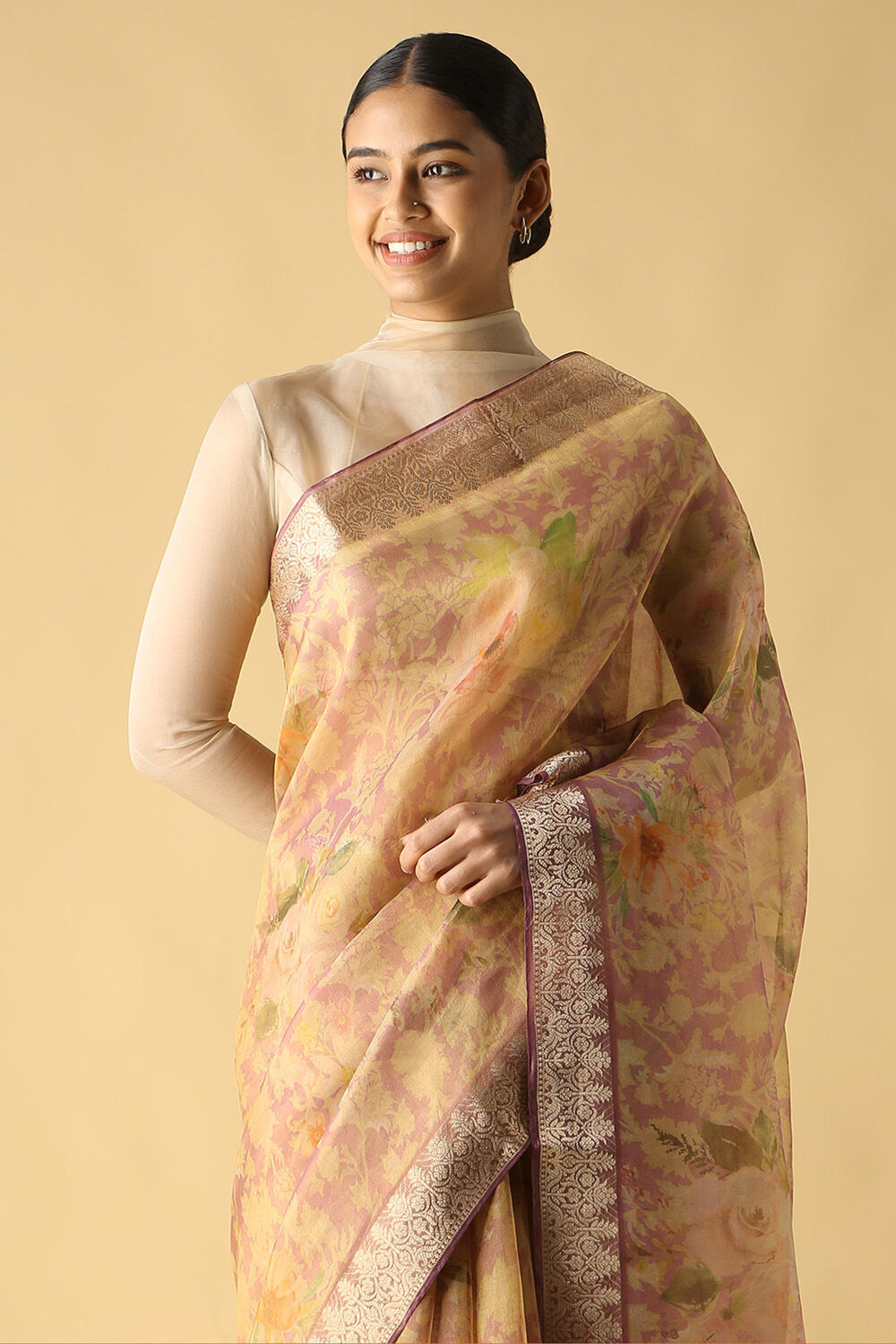 Light Violet Pure Tissue Silk Digital Printed Saree image number null