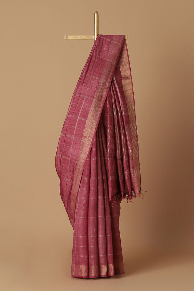 Dark Pink Pure Tussar Silk Embroidered Saree