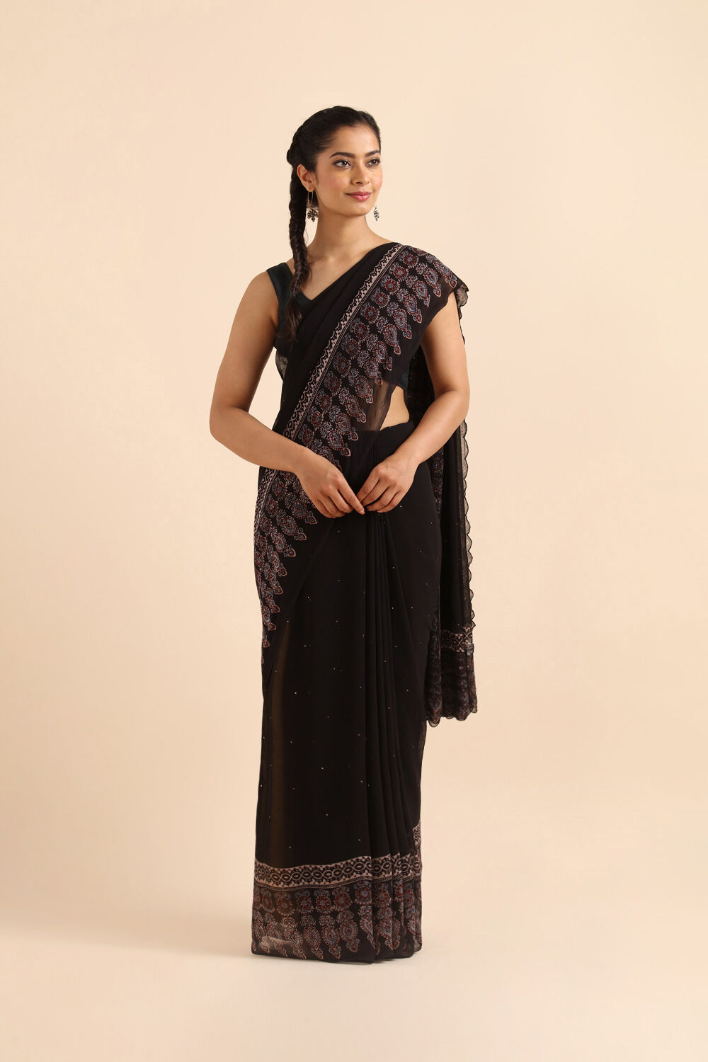 Black Georgette Ajrakh Printed Saree image number null