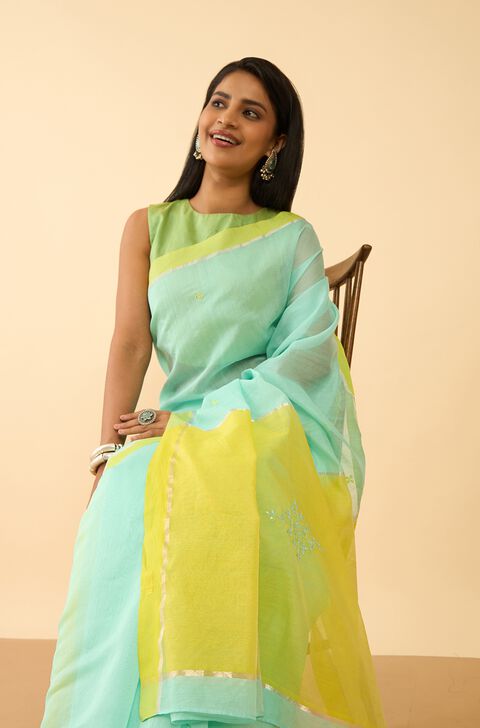 Light Green Embroidered Pure Silk Cotton Saree