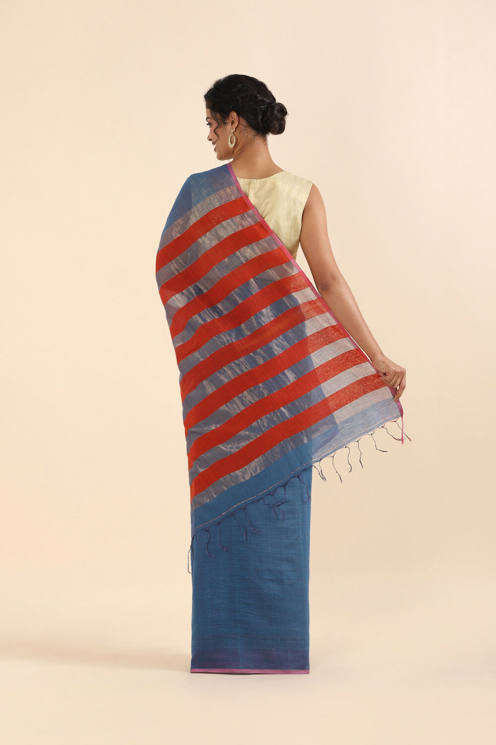 Blue Pure Silk Linen Bengal Saree image number null