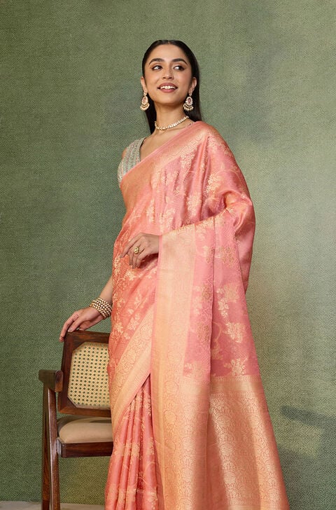 Light Pink   Woven Viscose Tissue Saree