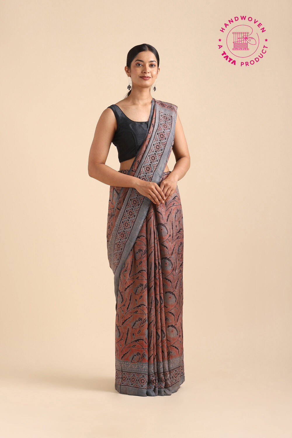 Red Pure Khadi Silk Ajrakh Printed Saree image number null