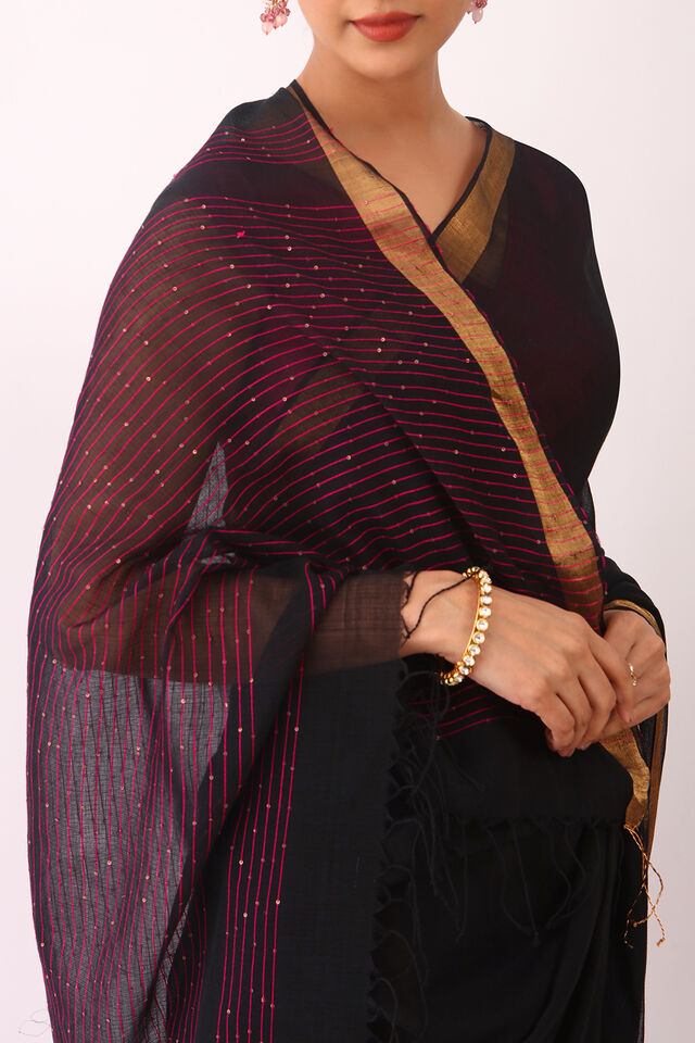 Black Woven Pure Silk Cotton Bengali Saree