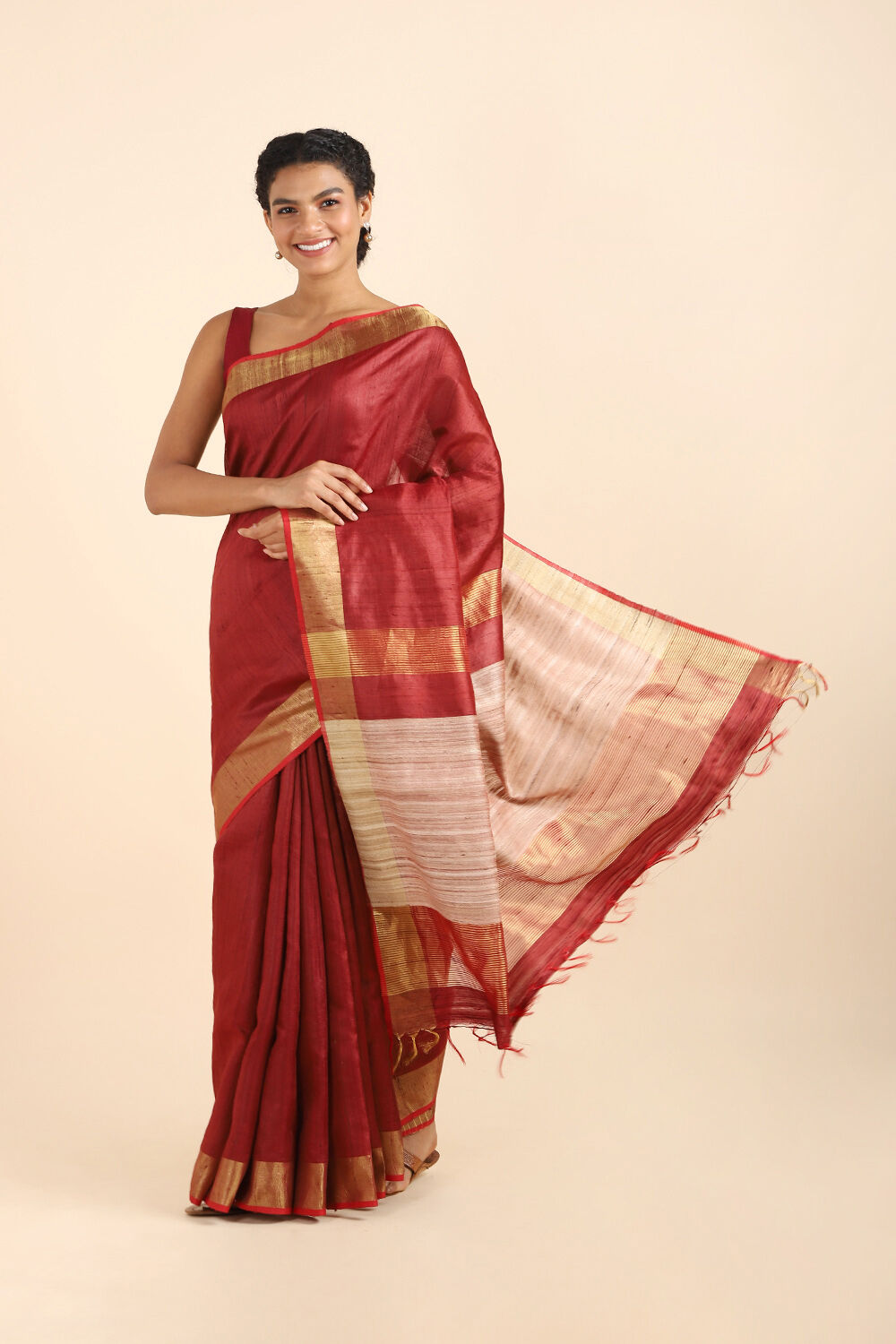 Dark Red Pure Tussar Silk Bhagalpuri Saree image number null