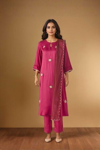 Dark Pink Embroidered Pure Viscose Kurta Set thumbnail image number null