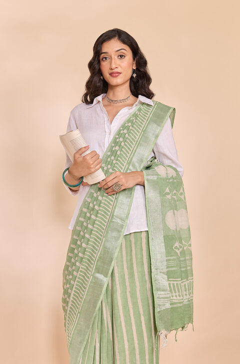 Green Bagru Viscose Cotton Dabu Block Printed Saree