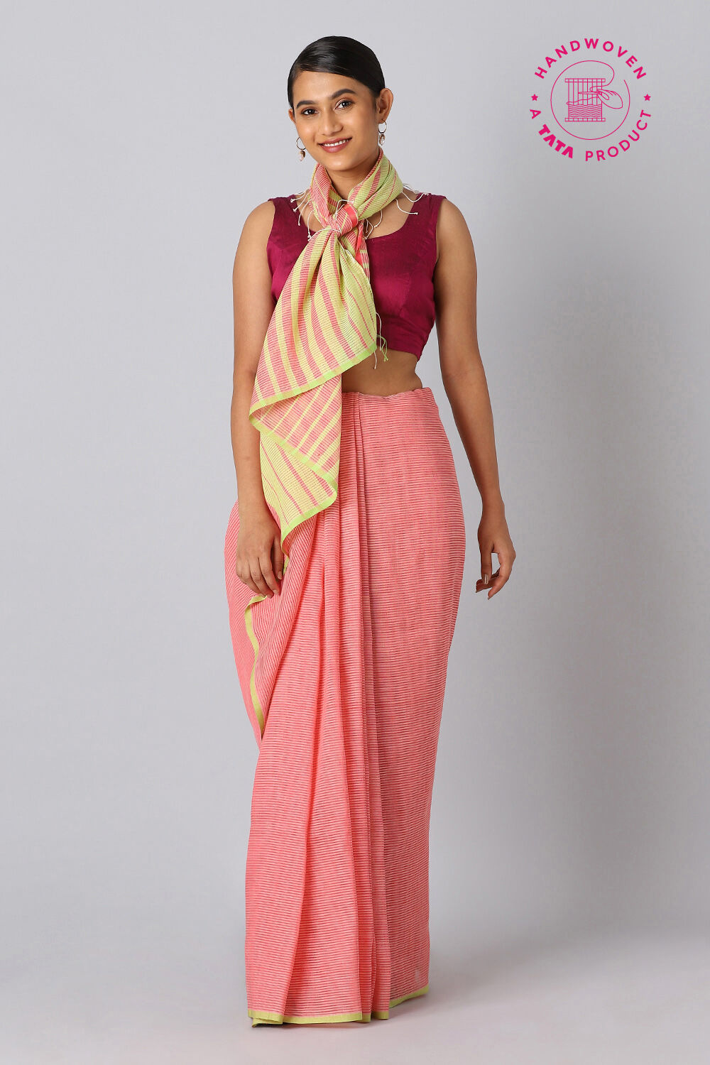 Pink Pure Cotton Linen Bengal Saree image number null