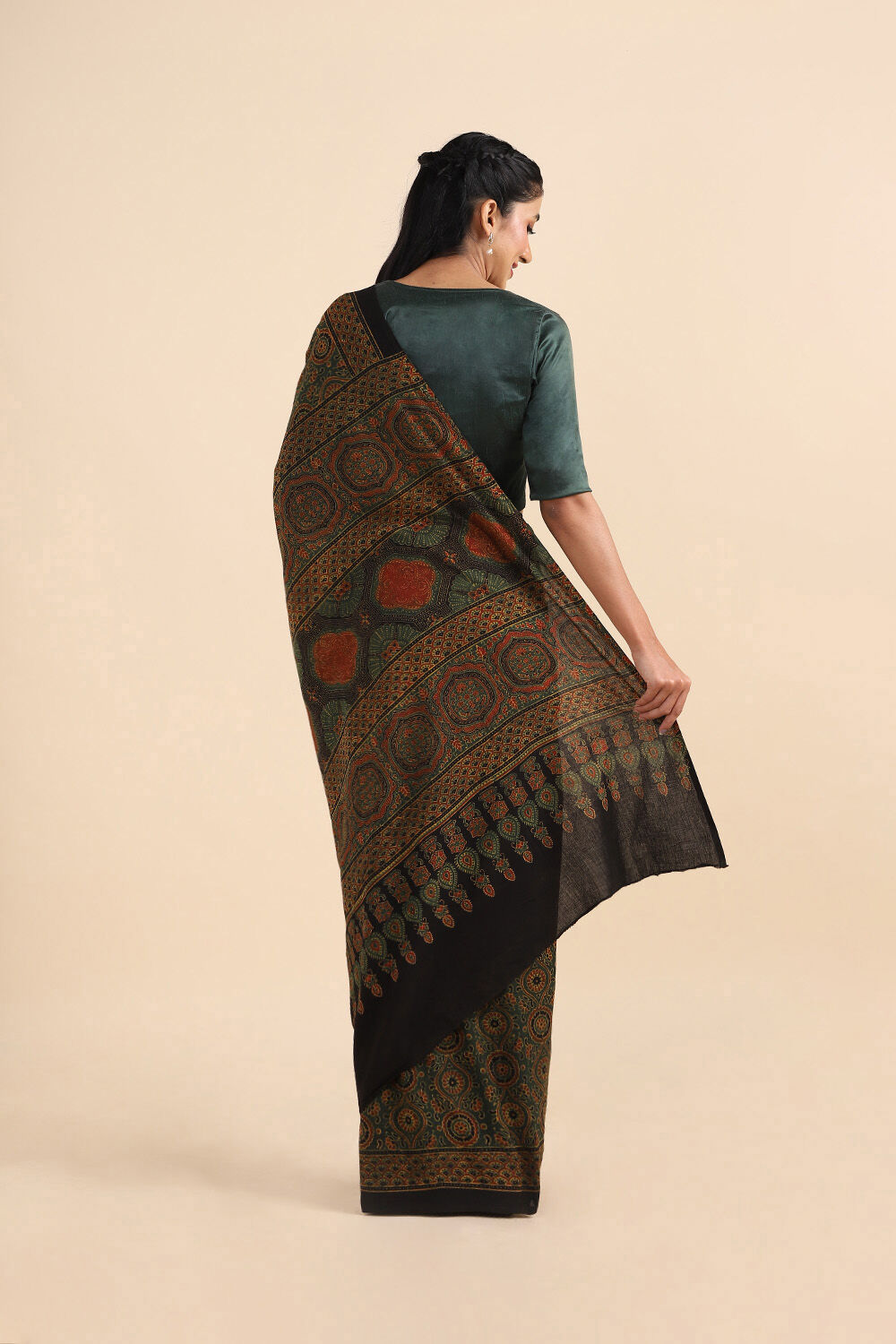 Green Pure Cotton Ajrakh Printed Saree image number null