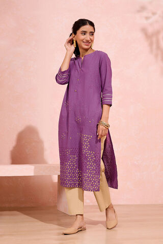 Purple Pure Cotton Printed Embroidery Kurta image number