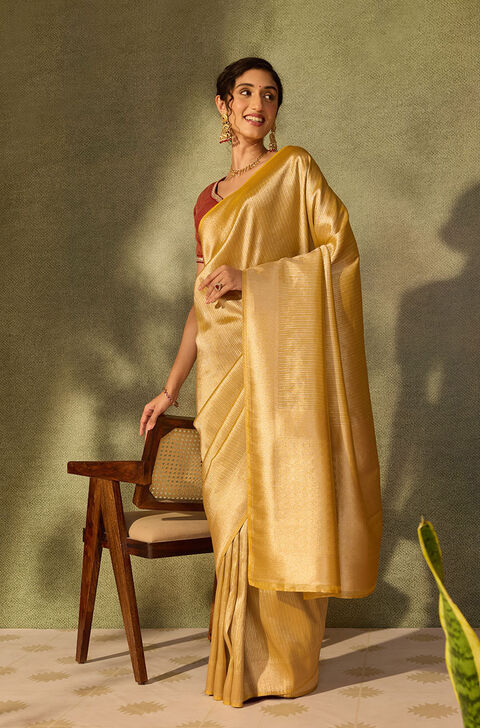 Yellow Viscose Tissue Woven Saree