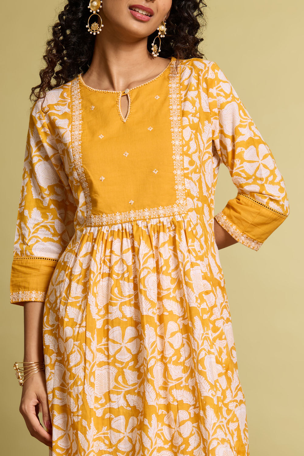Yellow Pure Cotton Printed Embroidery Kurta image number null