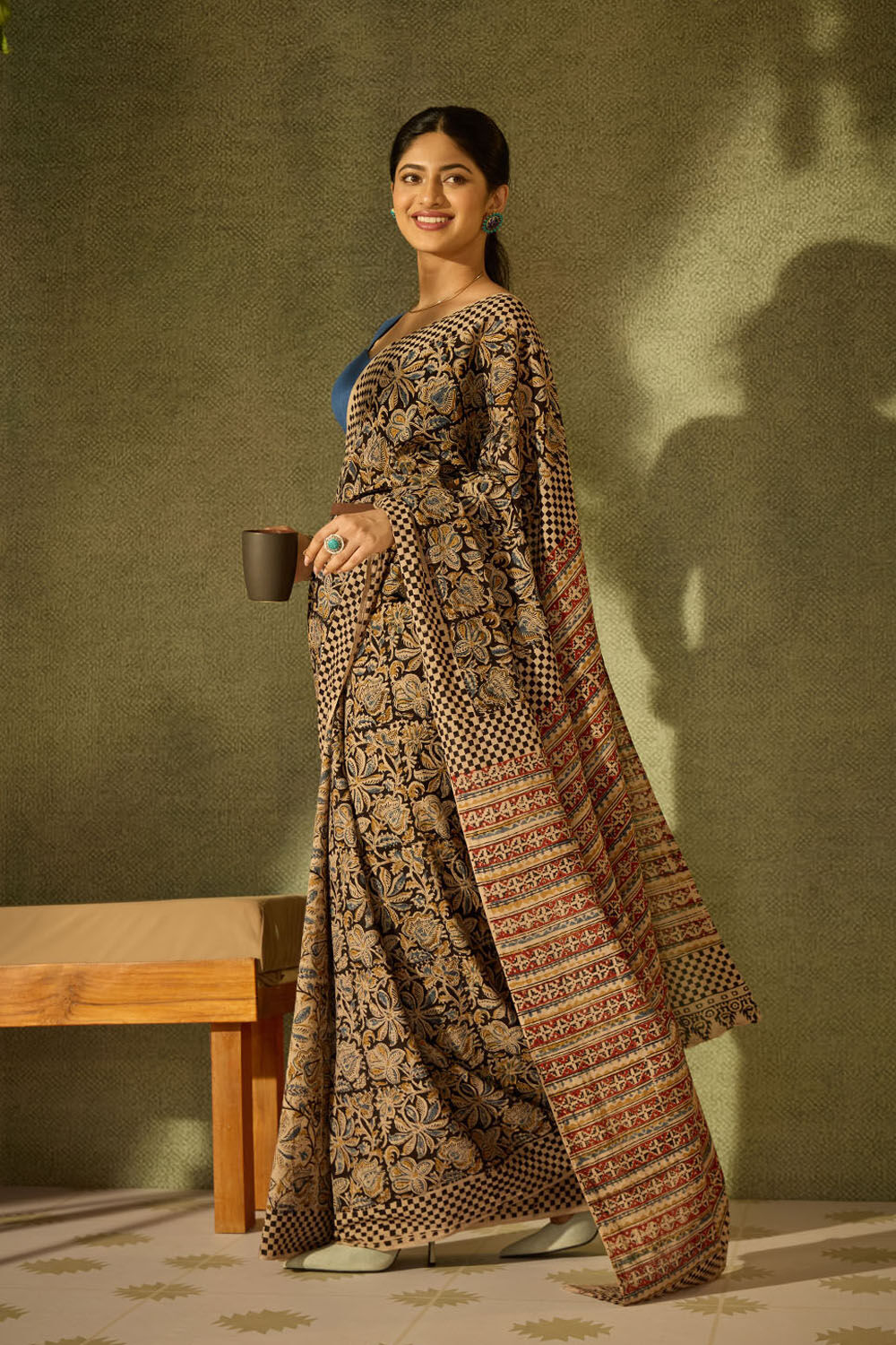 Black Printed Kalamkari Machilipatnam Pure Cotton Saree image number null